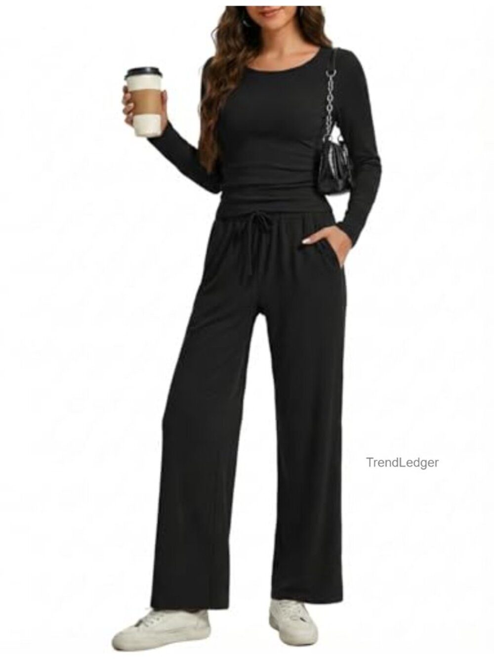 Women's 2 Piece Lounge Set – Ruched Long Sleeve Top & Wide Leg Pants Matching